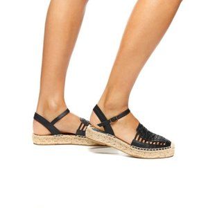 Soludos Flatform Black Leather Huarache Espadrille Sandal